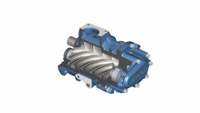 Innenansicht des Modells BS 62 für 30 bis 45 kW: Mit ihrer neuartigen Profilgeometrie (5:6 Schrauben Innenansicht des Modells BS 62 für 30 bis 45 kW: Mit ihrer neuartigen Profilgeometrie (5:6 Schrauben