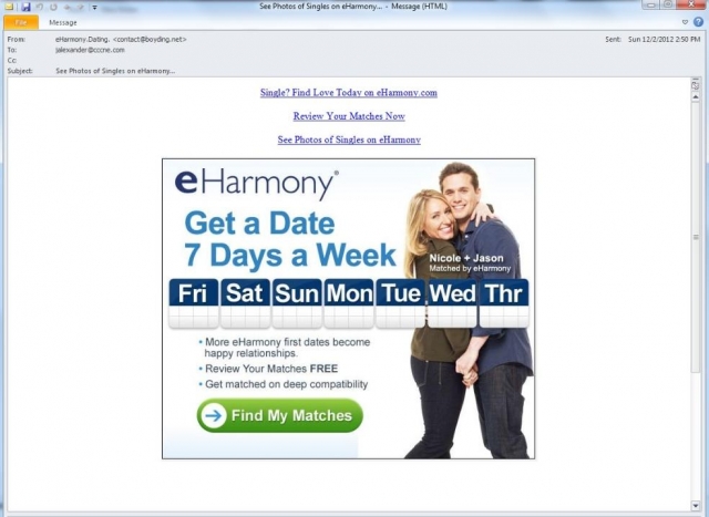 Spam-Mail mit gefälschtem eHarmony-Link