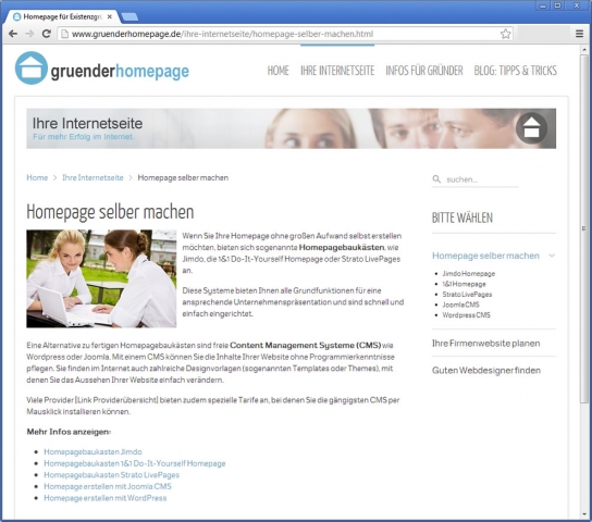 Firmenhomepage kostengünstig selbst erstellen: gruenderhomepage.de stellt verschiedene Lösungen vor.