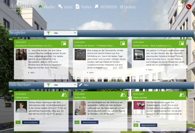 Animus ist der gute Geist des Quartiers. Jederzeit undüberall kann der User auf die Informationen un Animus ist der gute Geist des Quartiers. Jederzeit undüberall kann der User auf die Informationen un