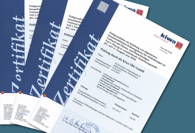 Die Prüfberichte der Kiwa TBU, einer anerkannten Prüfstelle des DIBt,  dokumentieren alle Produktkom