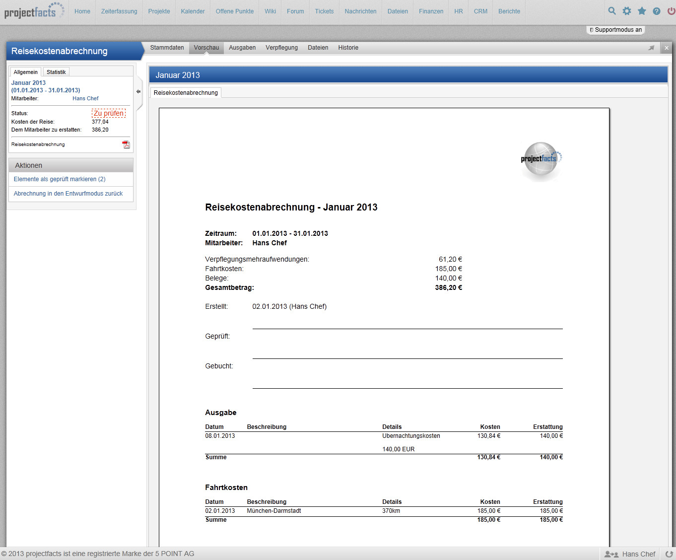 Reisekostenabrechnung mit projectfacts