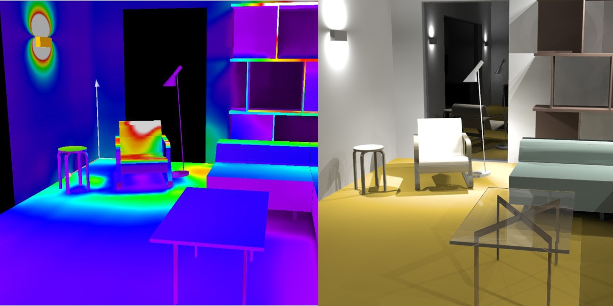 Lichtplanung in 3D, Farben zeigen die Lichtwirkung