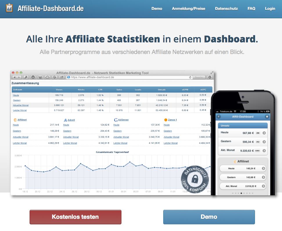 Affiliate-Dashboard zeigt verdiente Provisionen verschiedener Affiliate-Netzwerke in einer Statistik Affiliate-Dashboard zeigt verdiente Provisionen verschiedener Affiliate-Netzwerke in einer Statistik