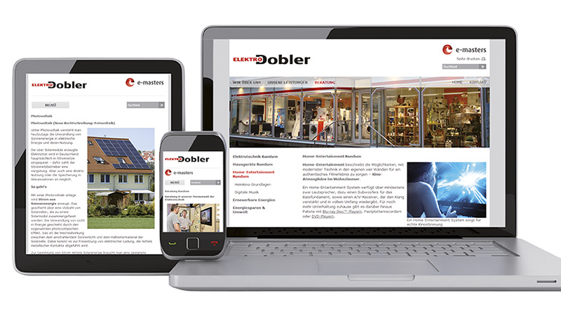 Homepages von e-masters Fachbetrieben werden auf allen mobilen Geräten optimal dargestellt.