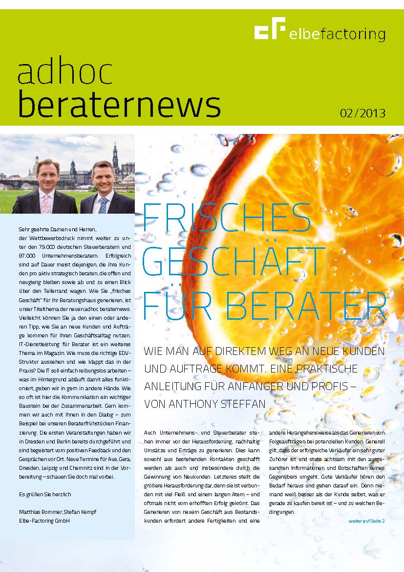 Elbe-Factoring gibt Beratermagazin adhoc beraternews heraus Elbe-Factoring gibt Beratermagazin adhoc beraternews heraus