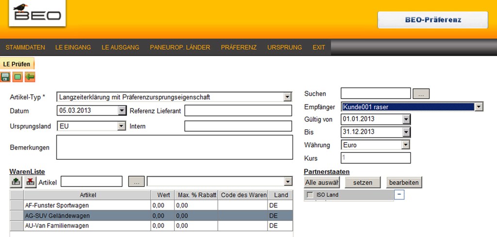 Präferenz: Lieferantenerklärung