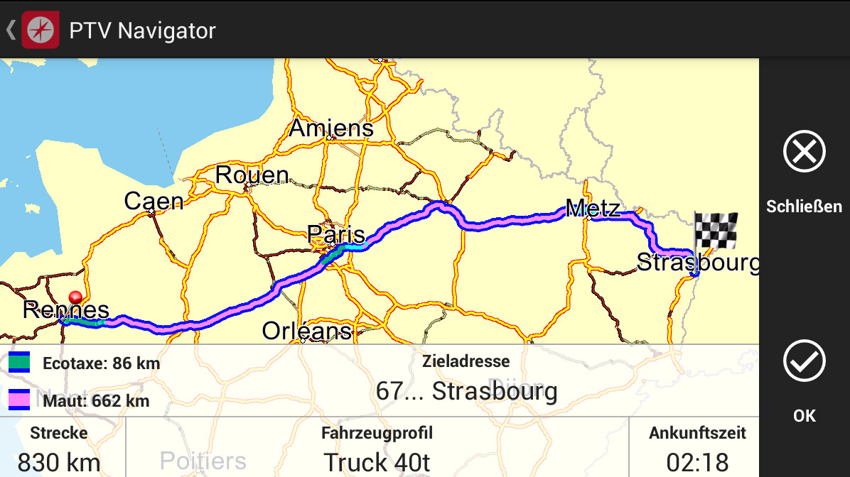 PTV Navigator truck 8 für Android zeigt die Ecotaxe- und mautpflichtigen Streckenabschnitte an.