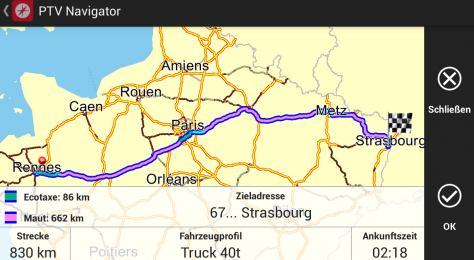 PTV Navigator truck 8 für Android zeigt die Ecotaxe- und mautpflichtigen Streckenabschnitte an. Bild