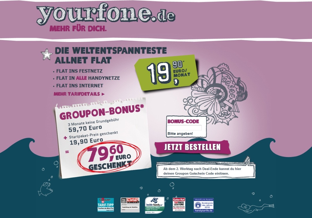yourfone.de Groupon Deal: Drei Monate Grundgebühr und Startpaket-Preis geschenkt