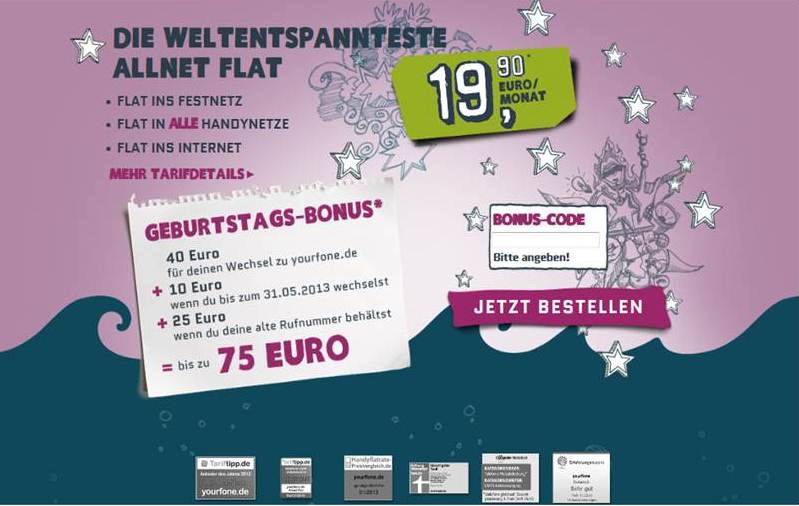 yourfone.de feiert ersten Geburtstag und spendiert einen saftigen Bonus von bis zu 75,00 Euro yourfone.de feiert ersten Geburtstag und spendiert einen saftigen Bonus von bis zu 75,00 Euro