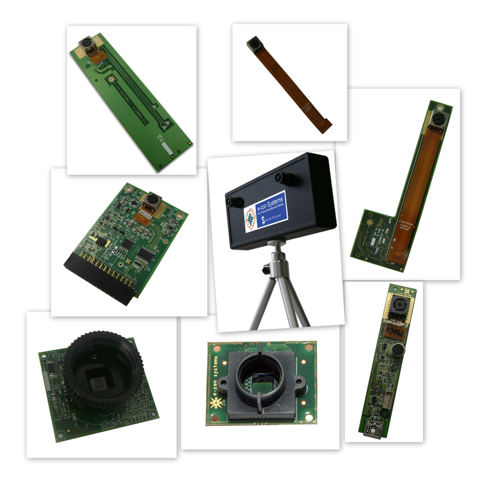 Kameramodule und -platinen von e-con Systems sowie die Stereo-Vision-Kamera (Mitte) Kameramodule und -platinen von e-con Systems sowie die Stereo-Vision-Kamera (Mitte)