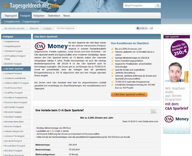 Tagesgeldrechner.info informiert: Sparbrief der C&A Bank mit verbesserten Konditionen Tagesgeldrechner.info informiert: Sparbrief der C&A Bank mit verbesserten Konditionen