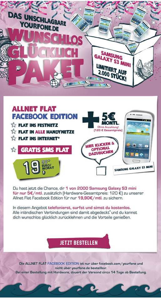 yourfone.de schenkt Facebook-Usern SMS-Flat & 50 % vom neuen Smartphone yourfone.de schenkt Facebook-Usern SMS-Flat & 50 % vom neuen Smartphone