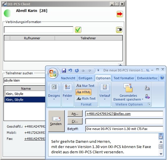 Wählt der Benutzer im IXI-PCS Client die Faxnummer eines Kontakts aus, öffnet sich automatisch ein E Wählt der Benutzer im IXI-PCS Client die Faxnummer eines Kontakts aus, öffnet sich automatisch ein E