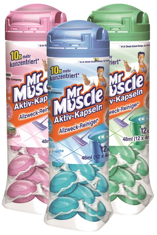 Die Mr Muscle Aktiv-Kapseln in den Varianten Quelle der Frische, Frühlingsfreude&Frische Minze.