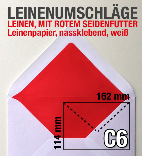 Weiße C6-Leinenumschläge mit rotem Seidenfutter - die idealen Hochzeitsumschläge vom Mega Deal aus B