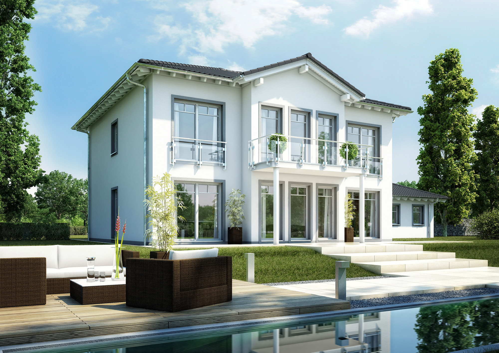Gartenansicht der Stadtvilla Karat von Kern-Haus. Kern-Haus baut individuelle Architektenhäuser. Gartenansicht der Stadtvilla Karat von Kern-Haus. Kern-Haus baut individuelle Architektenhäuser.