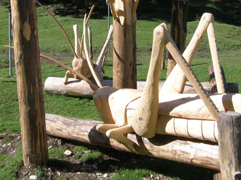 Große Hüpfer: Heuschreckenskulptur auf dem Naturerlebnispfad. Große Hüpfer: Heuschreckenskulptur auf dem Naturerlebnispfad.