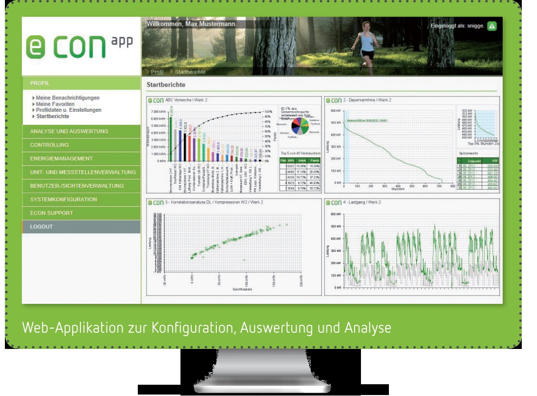 Die econ app bietet vielfältige Konfigurations-, Auswertungs- und Analysemöglichkeiten Die econ app bietet vielfältige Konfigurations-, Auswertungs- und Analysemöglichkeiten