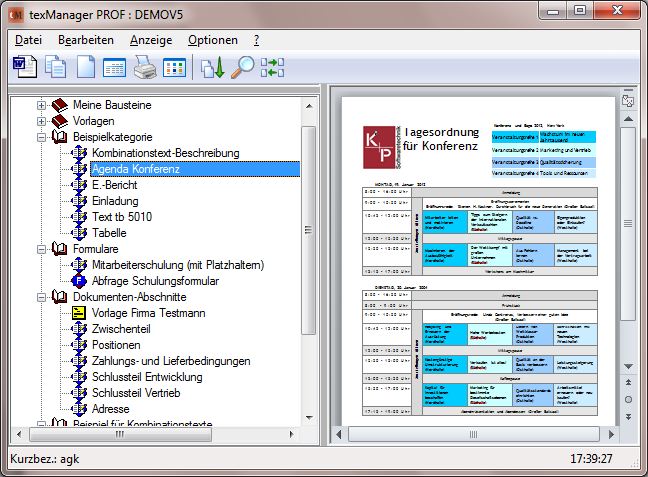 Textbausteinordner mit Vorschau