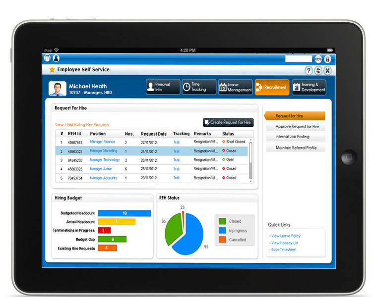 Ramco HCM on Cloud auf dem Tablet: Maske Recruiting im ESS Bereich