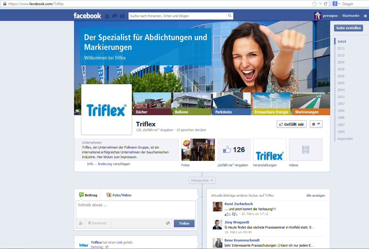 Der Abdichtungsspezialist Triflex ist nun auch auf facebook präsent. Der Abdichtungsspezialist Triflex ist nun auch auf facebook präsent.
