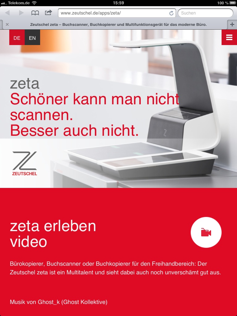 Die zeta Mobile App informiert multimedial und interaktivüber den Zeutschel Scanner zeta. Die zeta Mobile App informiert multimedial und interaktivüber den Zeutschel Scanner zeta.