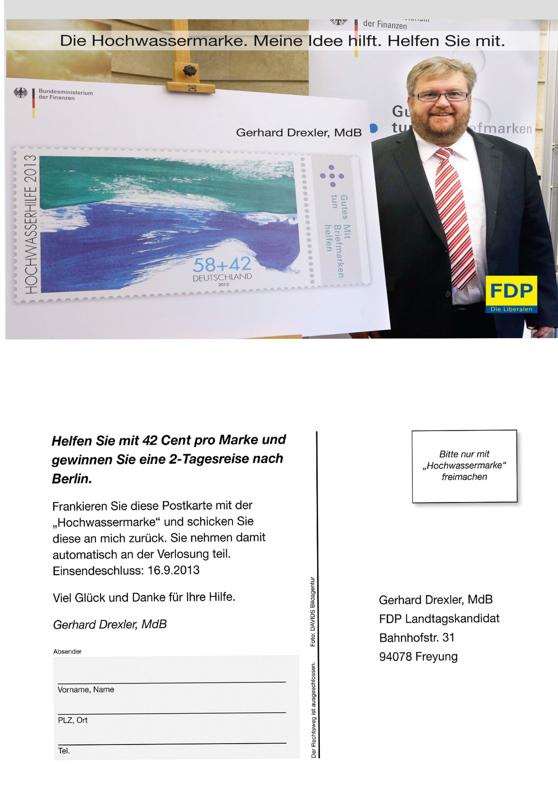 Spendeüber Sondermarke: FDP-MdB Gerhard Drexler hat 100.000-Postkarten-Aktion initiiert.