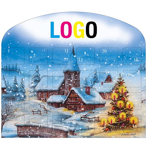 Der Tischadventskalender Ideal, Motiv Winterzauber, ist mit Schokolade gefüllt und wird mit dem Kund Der Tischadventskalender Ideal, Motiv Winterzauber, ist mit Schokolade gefüllt und wird mit dem Kund