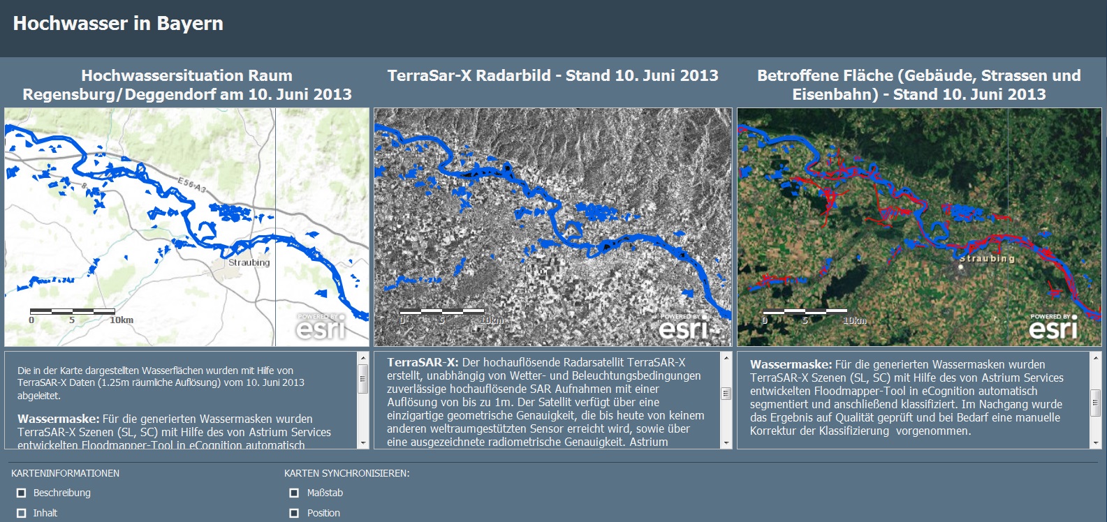 Screenshot der Webanwendung?Hochwasser in Bayern?, maps.esri.de/hochwasser2013
