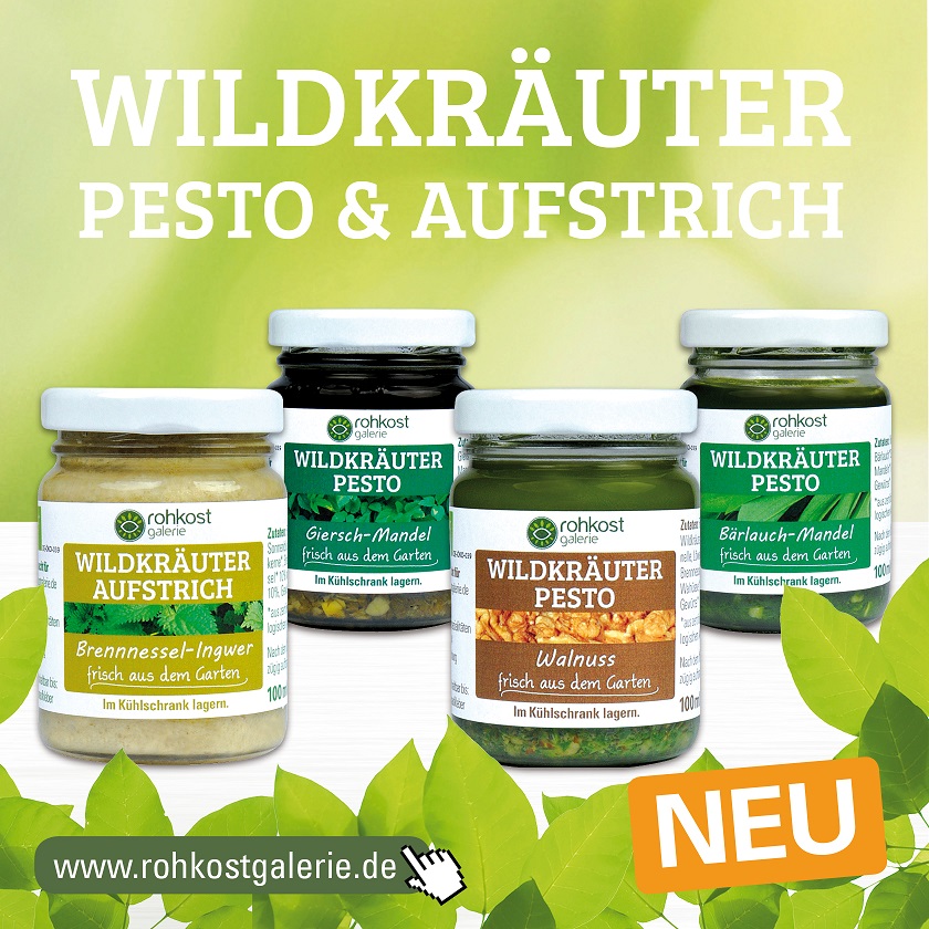 Wildkräuter Pestos und Wildkräuter-Aufstrich der Rohkostgalerie. Wildkräuter Pestos und Wildkräuter-Aufstrich der Rohkostgalerie.