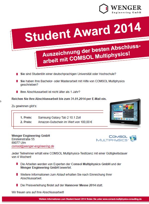 Auszeichnung der besten Abschlussarbeit mit COMSOL Multiphysics Auszeichnung der besten Abschlussarbeit mit COMSOL Multiphysics