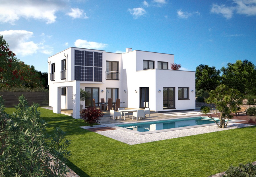 Das moderne Plus-Energiehaus des Fertighausherstellers Hanlo im Musterhauspark in Werder. (Foto: HAN