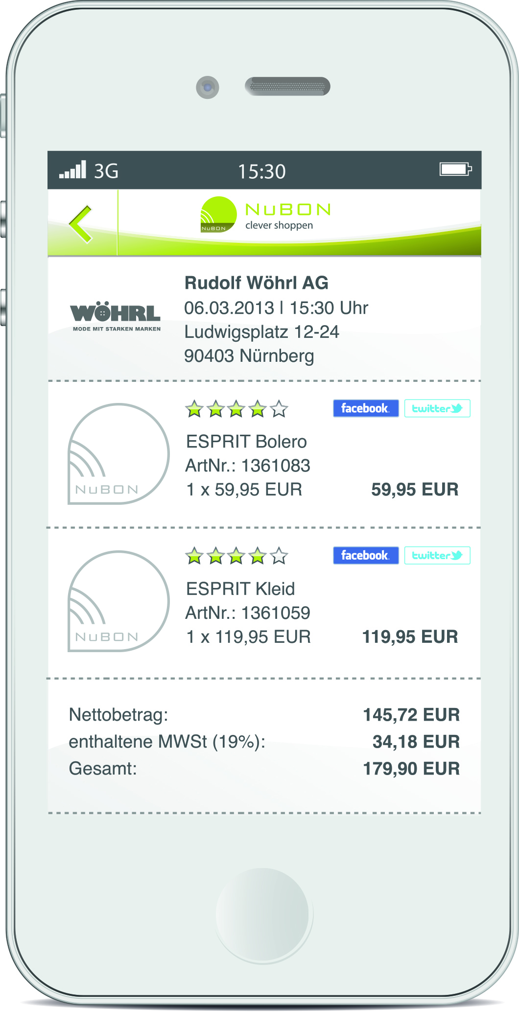 Digitaler Kassenbon von WÖHRL auf dem Smartphone