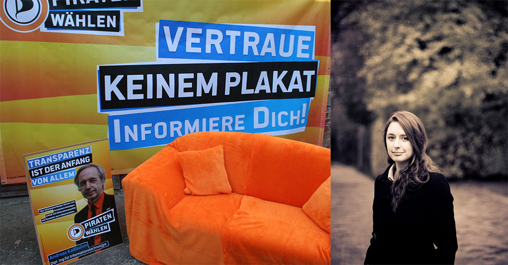 Mit dabei auf dem orangenen Sofa: Katharina Nocun, Politische Geschäftsführerin der Piratenpartei