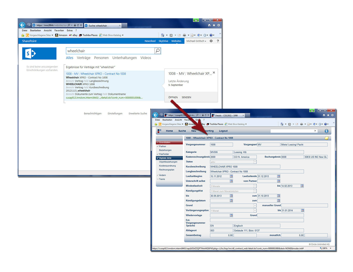 Anzeige Suchergebnis in MS SharePoint und Sprung in das Dokumenten-/Vertragsmanagement