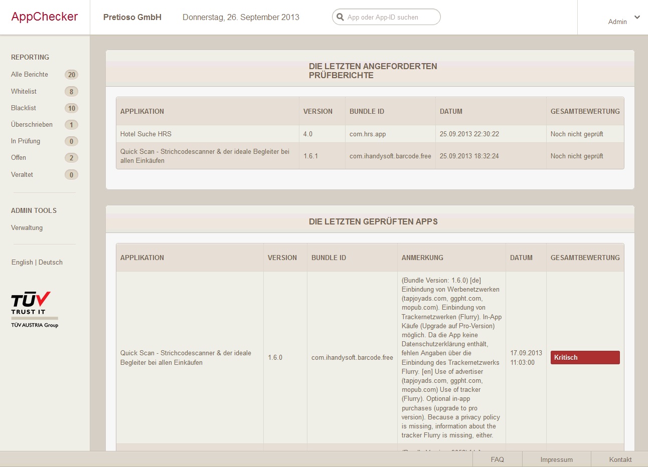 Das Dashboard für die Verwaltung des AppCheckers