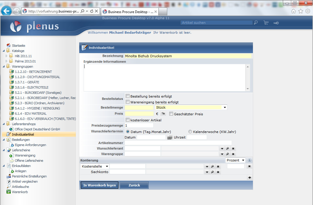 eProcurement für Verbrauchsmaterial: Plenus Business Procure Desktop Version 7 eProcurement für Verbrauchsmaterial: Plenus Business Procure Desktop Version 7