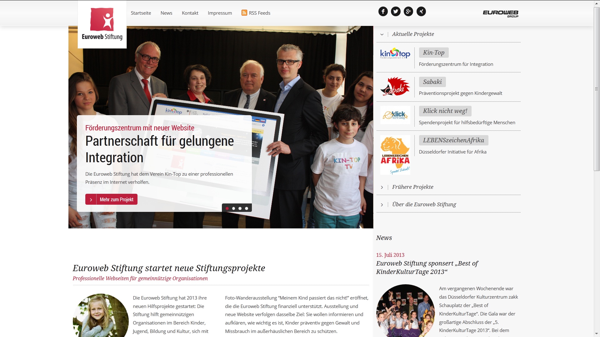 Auf der Startseite ihrer neuen Website präsentiert die Euroweb Stiftung ihre aktuellen Stiftungsproj Auf der Startseite ihrer neuen Website präsentiert die Euroweb Stiftung ihre aktuellen Stiftungsproj