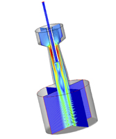 Zwei Schnittebenen durch das 3D-Modell einer  Düse zeigen die Geschwindigkeitsverteilung 