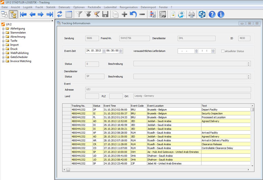 Beispiel einer Tracking-Information aus der Frachtmanagementsoftware LP/2 von Städtler-Logistik