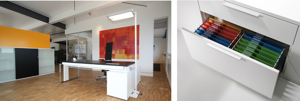 Blick ins Wünsche Büromöbelhaus: links: iSCUBE, rechts: iMOVE-F mit Lowboard / iSCUBE Hängerahmen