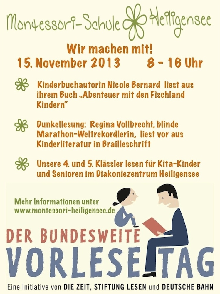 Plakat für den Vorlesetag an der Montessori-Schule Heiligensee Plakat für den Vorlesetag an der Montessori-Schule Heiligensee