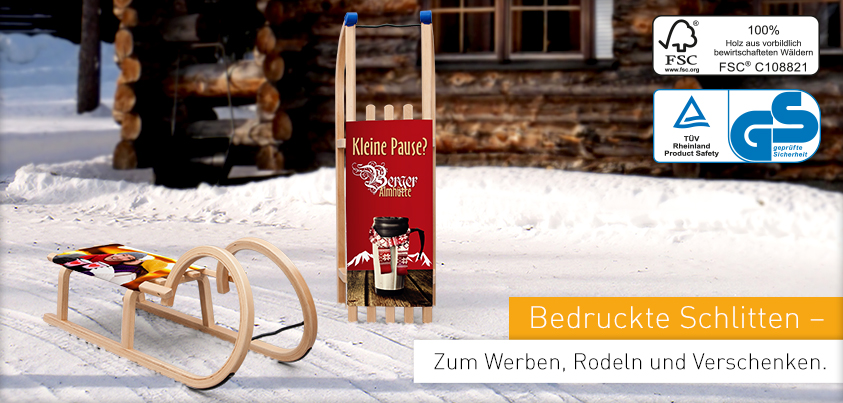 Individuell bedruckte Schlitten bei Vispronet® online selbst gestalten & bestellen.