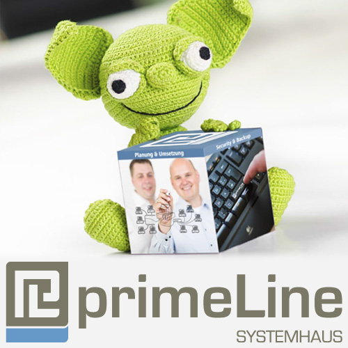 E.Gino, das Maskottchen der primeLine Solutions, präsentiert stolz das neue primeLine Systemhaus