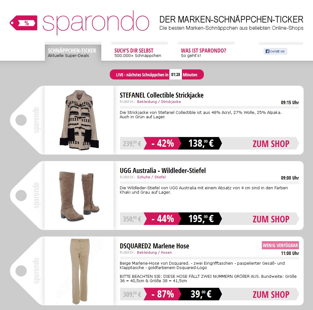 Sparondo zeigt alle 15 Minuten ein neues Schnäppchen.