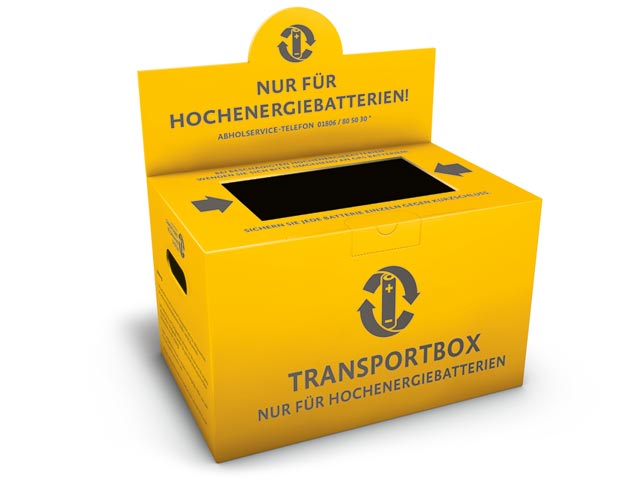 Die neuen gelben Sammelboxen für Hochenergiebatterien der Stiftung GRS Batterien